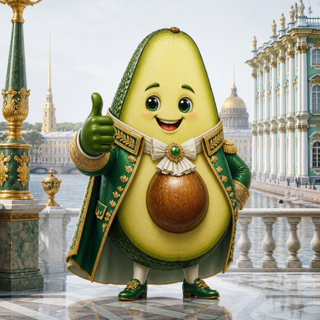 a happy avocado character giving a thumbs up, bold readable design on a plain background, no text