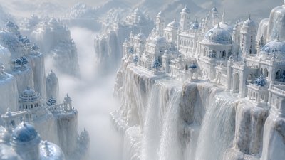 a cliffside city with waterfalls cascading into a misty canyon, wide establishing shot, no people, no text