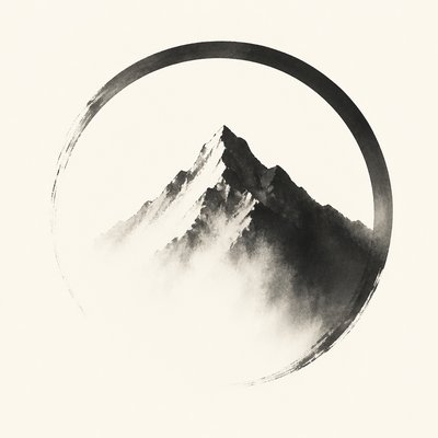 an emblem of a mountain peak inside a circle, simple bold shapes on a plain background, no text or lettering