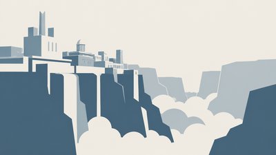 a cliffside city with waterfalls cascading into a misty canyon, wide establishing shot, no people, no text