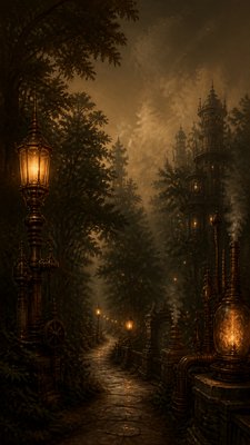 a mysterious forest path with fireflies and drifting mist, atmospheric vertical composition with open space at the top, no text