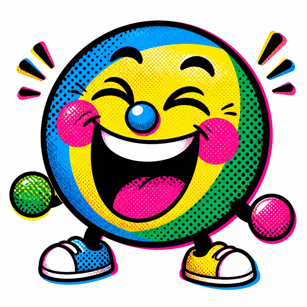 an exaggerated laughing face of an original round mascot character, bold and readable at small size, plain background, no text