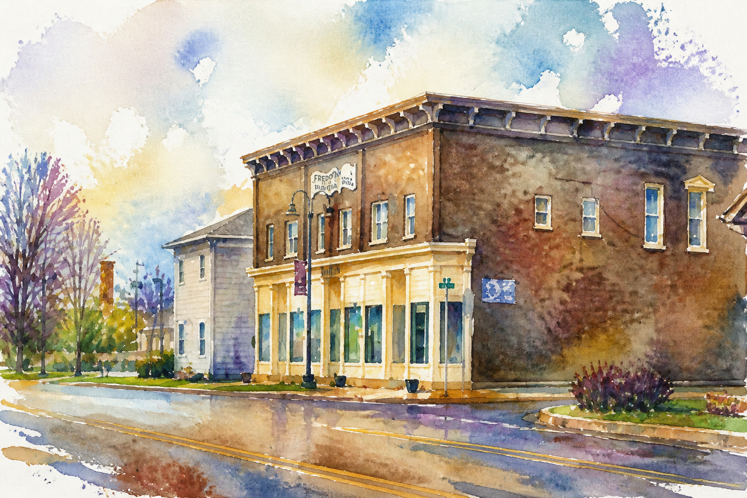 a watercolor painting of a building on a street corner