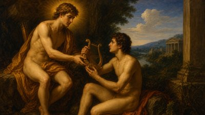 The Greek god of music, the ignudi Apollo gave the ignudi Orpheus a golden lyre and taught him to play it.