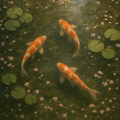A koi pond seen from above, orange and white koi fish swimming among lily pads, clear water with subtle ripples, fallen cherry blossom petals floating on the surface, dappled sunlight