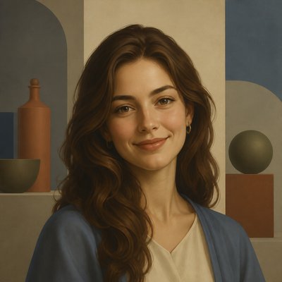 head-and-shoulders portrait of an original character: a young woman with wavy chestnut hair and a warm smile, plain soft backdrop