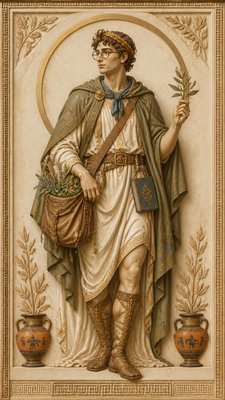 full-body original character: a wandering botanist with a satchel of plants, a patched green cloak, tall boots and round glasses, neutral background