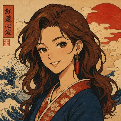 head-and-shoulders portrait of an original character: a young woman with wavy chestnut hair and a warm smile, plain soft backdrop