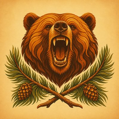 a roaring bear head above crossed pine branches, bold graphic composition on a plain background, no text