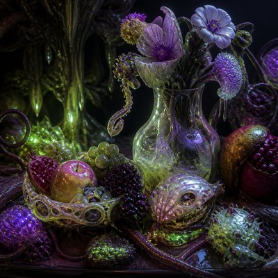 still life arrangement of fruits and flowers