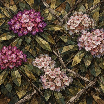 Art Style: Analytical Cubism, avant-garde oil painting style reminiscent of Picasso and Braque.

Subject: A dense, tangled thicket of Rhododendrons and Mountain Laurel bushes.

Composition & Details: The entire natural scene is deconstructed into overlapping geometric planes, fractured shards, and intersecting angles. There are no curved lines; everything is rendered in cubes, cones, and trapezoids.

    The Rhododendrons: Large, showy flower trusses are broken into faceted crystalline structures of deep magenta, rose pink, and violet blocks, looking like explosions of colored quartz rather than soft petals.

    The Mountain Laurels: The smaller, intricate flowers are rendered as complex, repeating geometric star-patterns and angular cups in white and pale pink with distinct red polygonal markings.

    Foliage & Branches: The thick, leathery leaves are fragmented green triangles and parallelograms overlapping each other, creating a sense of depth without traditional perspective. The woody stems and branches are jagged, intersecting brown and grey cylinders that shatter across the frame.

Color & Texture: A palette of muted earth tones—ochre, burnt umber, forest green, and slate grey—contrasted sharply with the jewel-toned facets of the flower colors. The finish should have a heavy, textured oil paint feel with visible palette knife marks and rough brushwork.