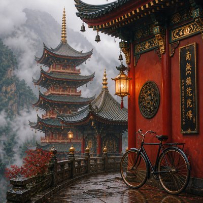bicyle resting against a wall — Pagoda Architecture Style