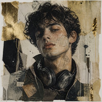 head-and-shoulders portrait of an original character: a young man with curly dark hair and headphones around his neck, plain backdrop, no text