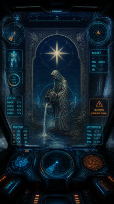 a robed figure pouring water beneath a large eight-pointed star in a night sky, symmetrical composition with an ornate decorative border, no text