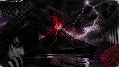 an erupting volcano with lightning strikes, dramatic wide composition, no text
