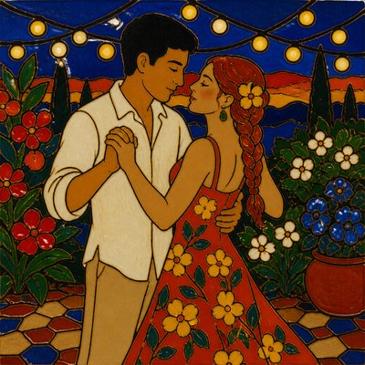 an original couple dancing under string lights in a garden at dusk: a man with short black hair in a linen shirt and a woman with braided red hair in a summer dress