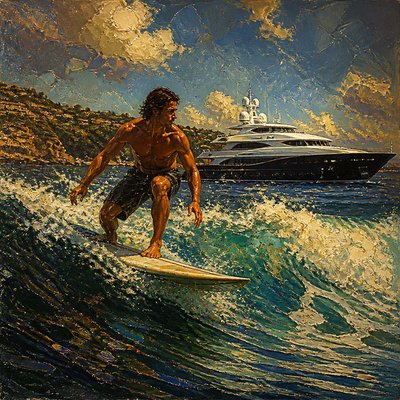 person surfing with yacht behind