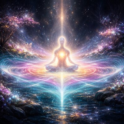 Art Style: Ethereal, visionary digital art. A fusion of bioluminescence, sacred geometry, and fluid dynamics. The aesthetic should feel transcendent, glowing, and incredibly soft yet powerful.

    Central Focus (The Source): A human figure in a state of pure, peaceful meditation or ecstatic dance sits in the center of the frame. Their body is semi-translucent, glowing from within with warm white and golden light, acting as a living resonator.

    The Frequency (The Positive Force): Emanating directly from the figure's heart center are visible, powerful waves of vibrational energy.

        Appearance: These aren't simple lines; they are complex, flowing ripples of interwoven light patterns, resembling three-dimensional cymatics (the geometric patterns sound makes in sand or water) and flowing silk.

        Colors: A healing palette of radiant cyan, amethyst purple, warm honey-gold, and soft rose pink. The colors blend and shift as the waves move outward.

    The Effect on the Environment: The scene shows the positive impact of this frequency. The figure is sitting in a dormant, grey landscape. As the colorful frequency waves ripple outwards and touch the surroundings:

        Dull rocks instantly transform into glowing, crystalline formations.

        Bare, gnarled branches burst into shimmering leaves and flowers made of light.

        The air itself seems to shimmer with golden dust motes caught in the vibrational field.

    Overall Atmosphere: Uplifting, healing, and dynamic. A visualization of sound and energy creating order and beauty out of chaos.