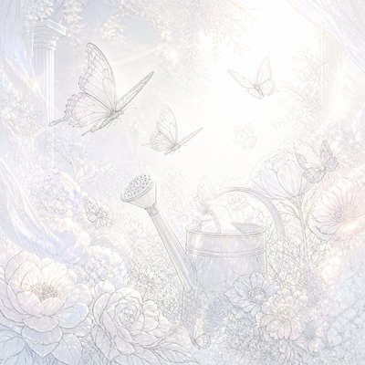 a garden scene with butterflies, flowers and a watering can, clean uncolored line art, no text