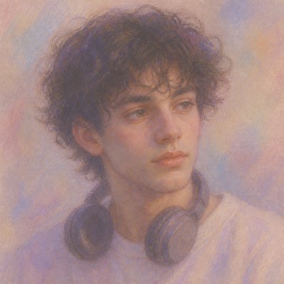 head-and-shoulders portrait of an original character: a young man with curly dark hair and headphones around his neck, plain backdrop, no text