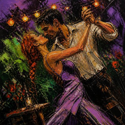 an original couple dancing under string lights in a garden at dusk: a man with short black hair in a linen shirt and a woman with braided red hair in a summer dress