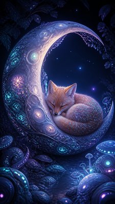 a sleeping baby fox curled on a crescent moon among soft stars, gentle and warm, no text