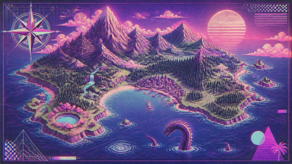 a map of an island realm with mountains, forests, a sheltered bay, sea monsters in the water and a compass rose, no text labels