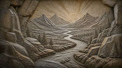 a vast valley with a river winding toward distant mountains at sunrise, no people, no text