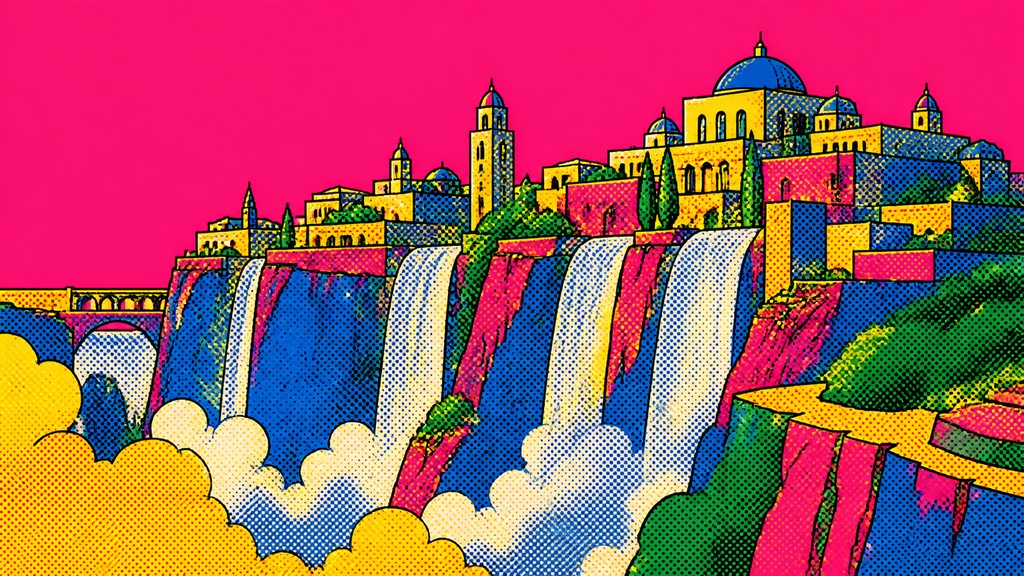 a cliffside city with waterfalls cascading into a misty canyon, wide establishing shot, no people, no text