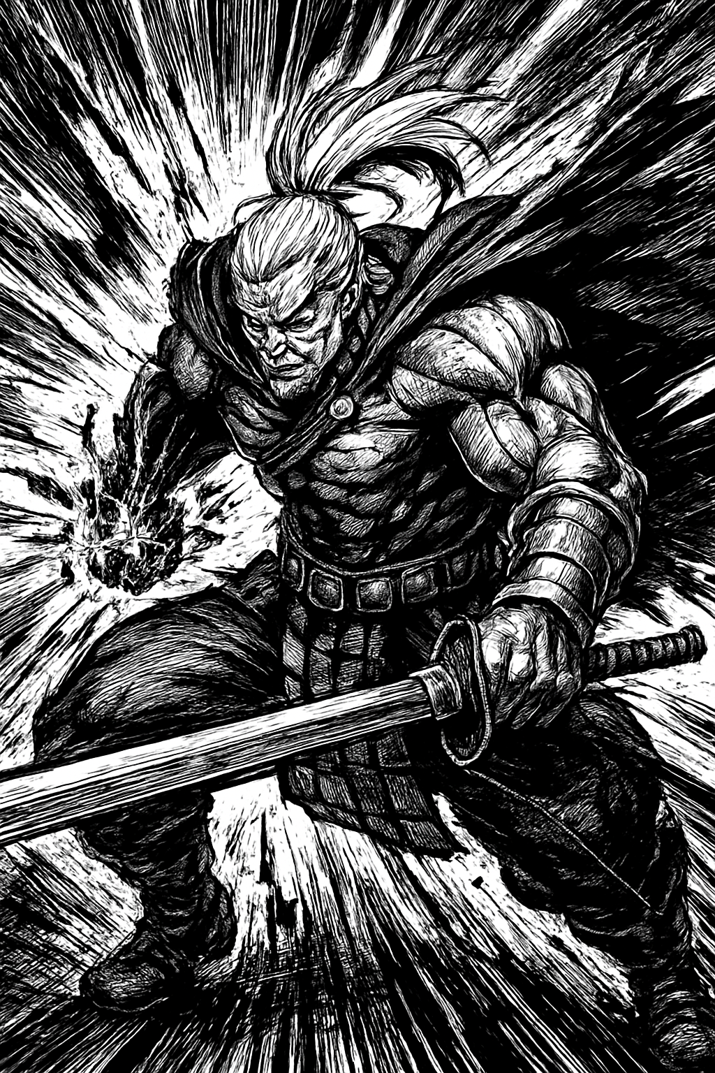 a black and white drawing of a man holding a sword