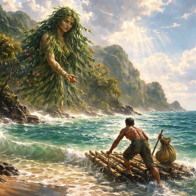 From a little distance, An island goddess spirit robed in green leaves
observes a castaway man launching a raft to escape the island. The goddess spirit looks sad to see him leave and reaches a hand towards him but is unseen

