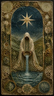 a robed figure pouring water beneath a large eight-pointed star in a night sky, symmetrical composition with an ornate decorative border, no text