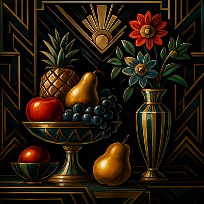 still life arrangement of fruits and flowers