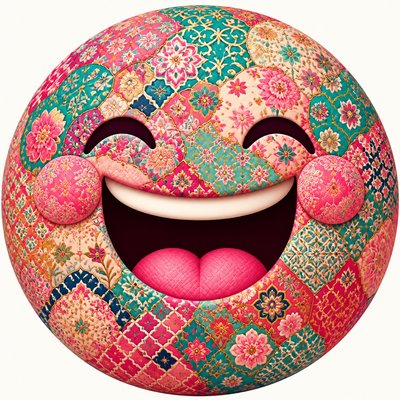 an exaggerated laughing face of an original round mascot character, bold and readable at small size, plain background, no text