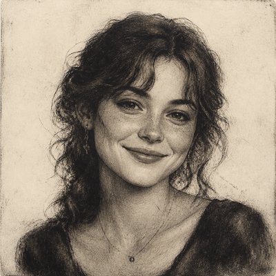 head-and-shoulders portrait of an original character: a young woman with wavy chestnut hair and a warm smile, plain soft backdrop