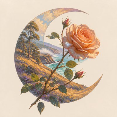 a rose entwined with a crescent moon, clean balanced composition on a plain background, no text