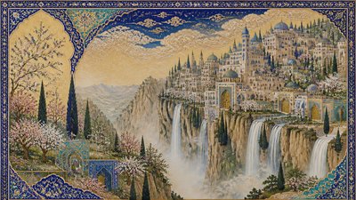a cliffside city with waterfalls cascading into a misty canyon, wide establishing shot, no people, no text
