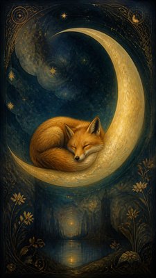 a sleeping baby fox curled on a crescent moon among soft stars, gentle and warm, no text