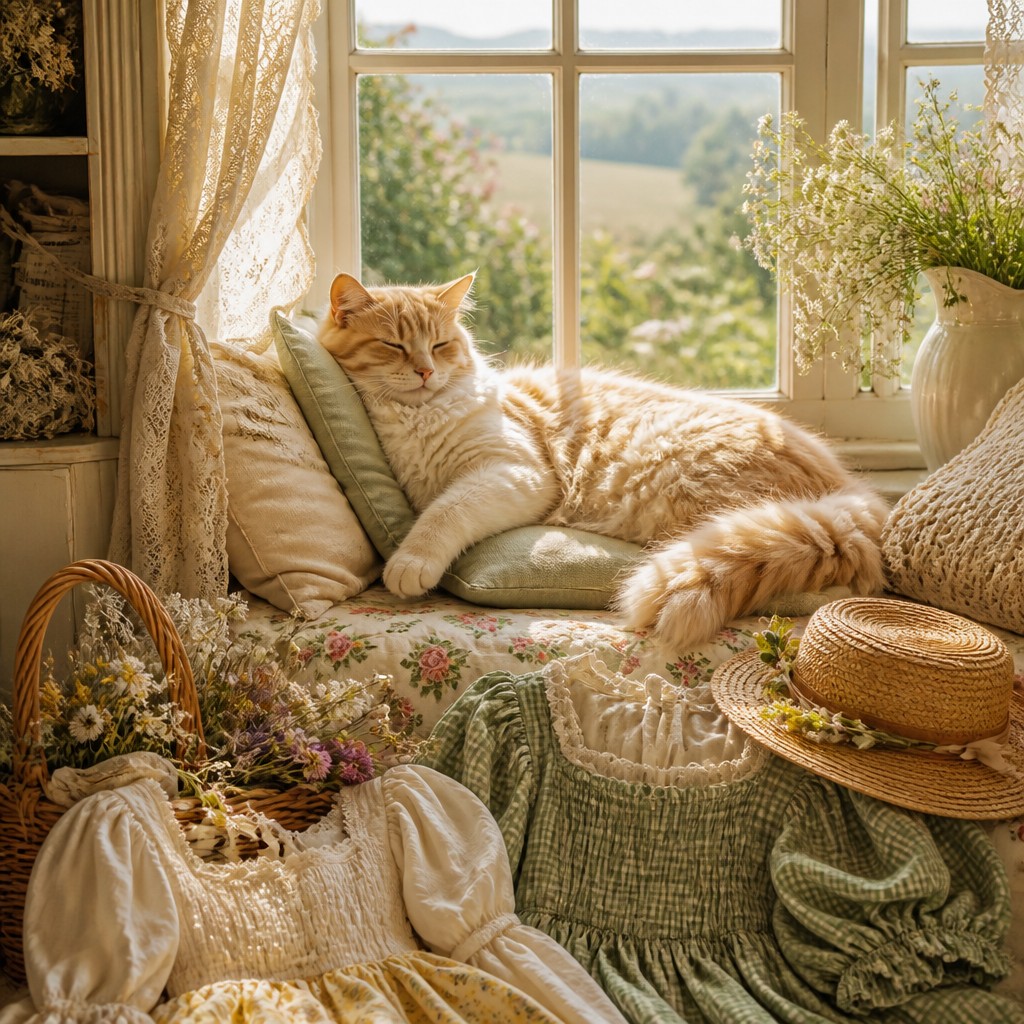 a cat lounging in a sunlit window — Cottagecore Fashion Style