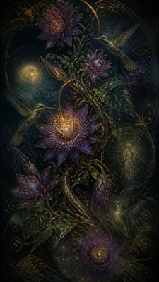 a climbing vine of flowers and hummingbirds on a dark background, tall wrapping composition, no text