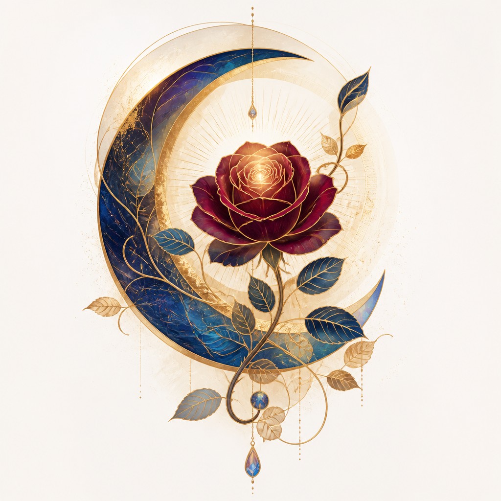 a rose entwined with a crescent moon, clean balanced composition on a plain background, no text