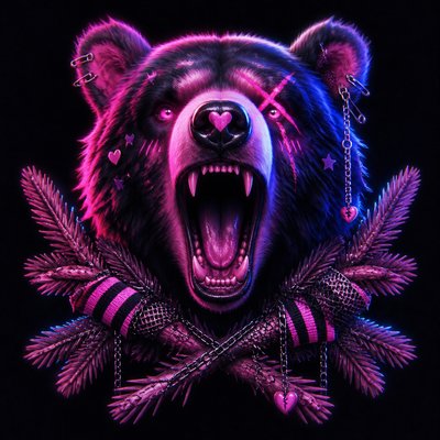 a roaring bear head above crossed pine branches, bold graphic composition on a plain background, no text