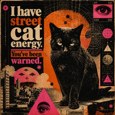 Text: I have street cat energy. You've been warned.
Image: Feral black cat
