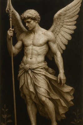 a statue of an angel holding a spear