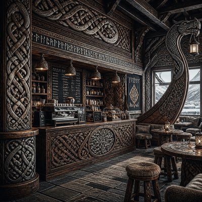 cozy cafe interior with warm lighting