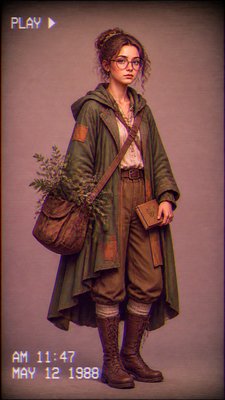 full-body original character: a wandering botanist with a satchel of plants, a patched green cloak, tall boots and round glasses, neutral background