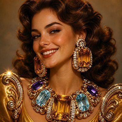 head-and-shoulders portrait of an original character: a young woman with wavy chestnut hair and a warm smile, plain soft backdrop