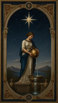 a robed figure pouring water beneath a large eight-pointed star in a night sky, symmetrical composition with an ornate decorative border, no text
