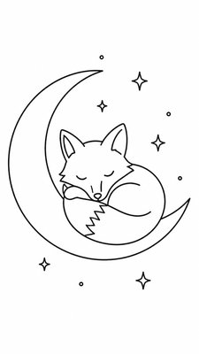 a sleeping baby fox curled on a crescent moon among soft stars, gentle and warm, no text