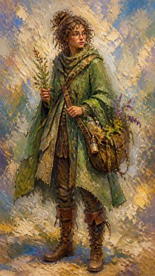 full-body original character: a wandering botanist with a satchel of plants, a patched green cloak, tall boots and round glasses, neutral background